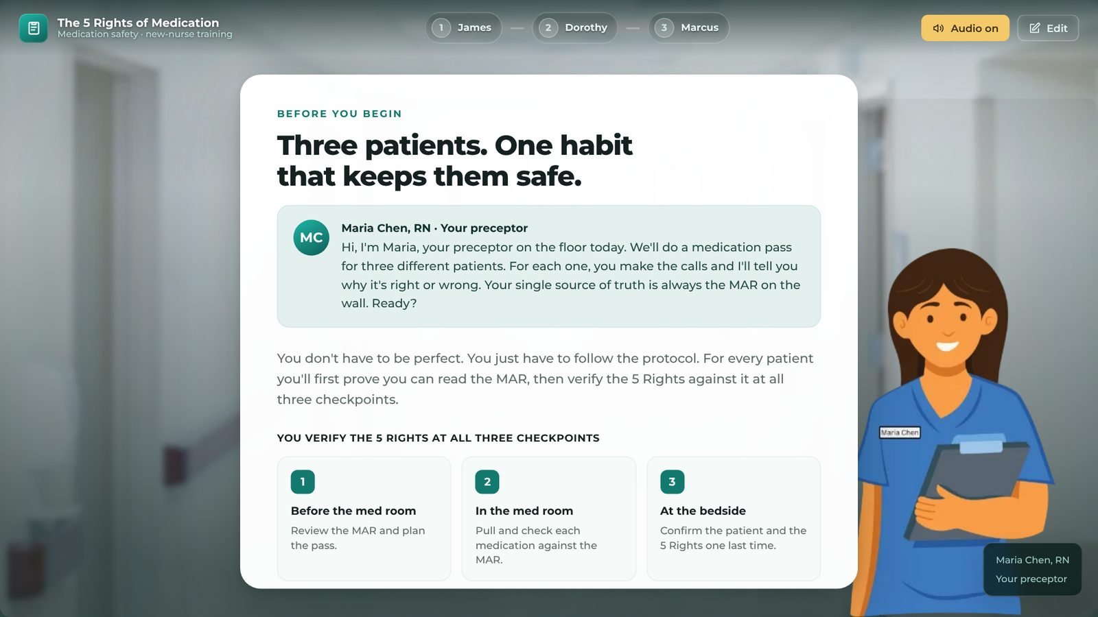 Course intro: Maria Chen, RN, the learner's preceptor, explains the three checkpoints for a medication pass