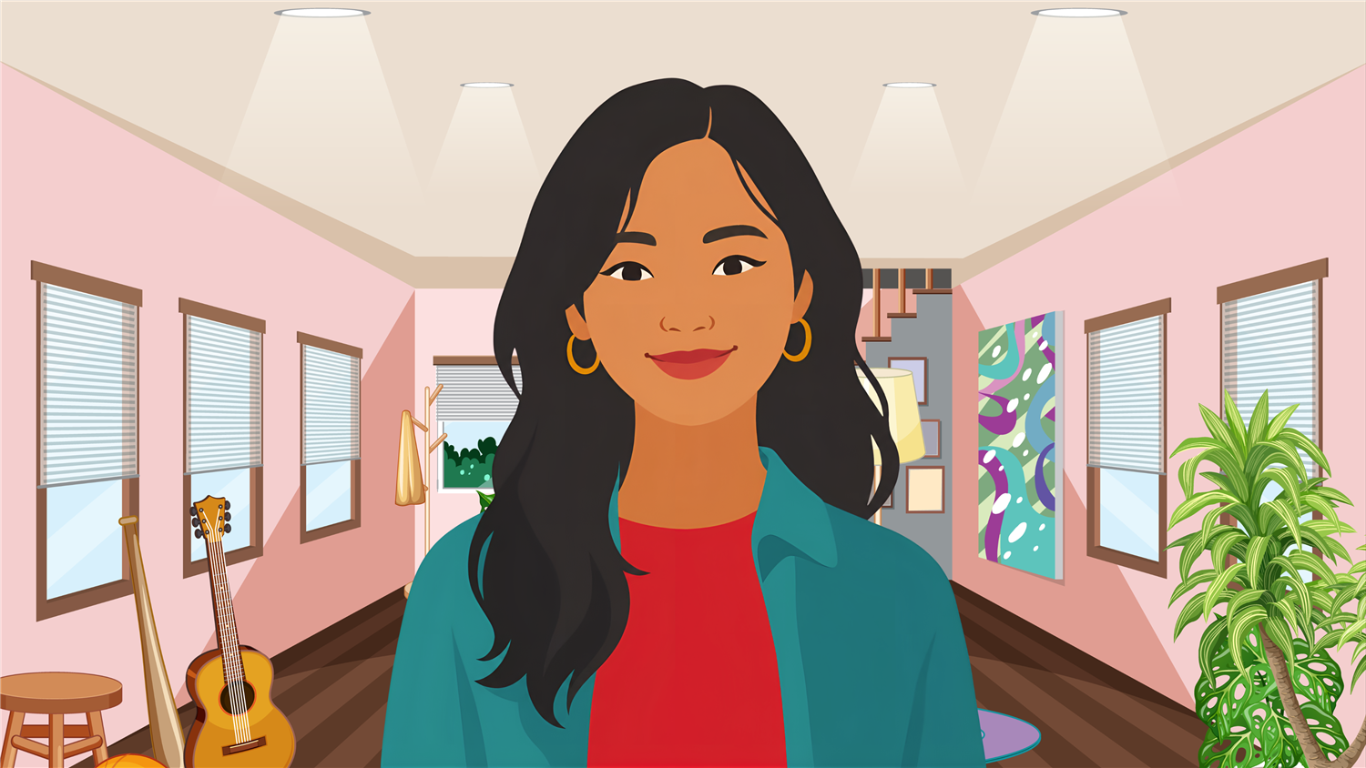 A character in a bright, well-framed home workspace
