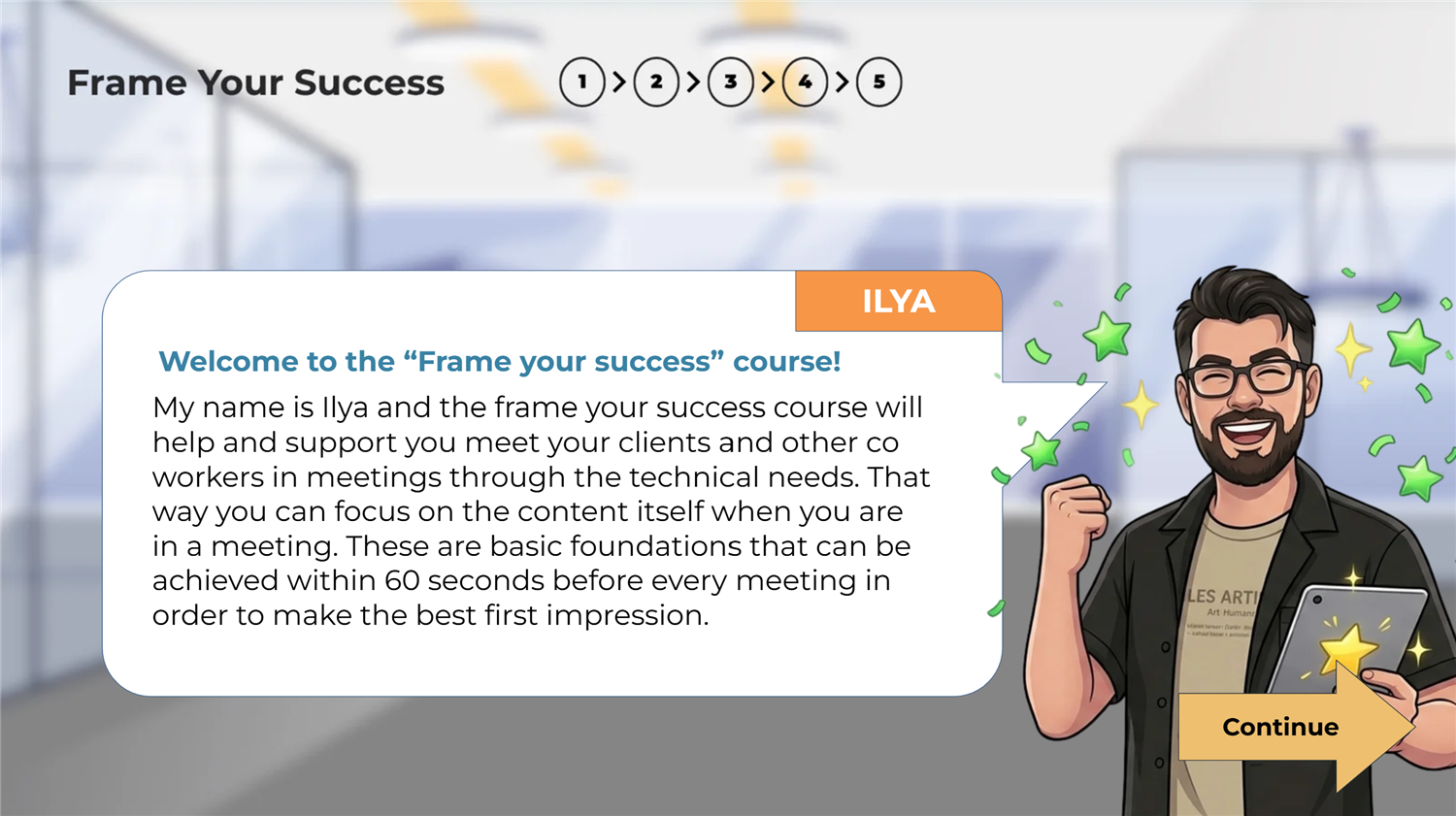 Course intro screen with the illustrated host character